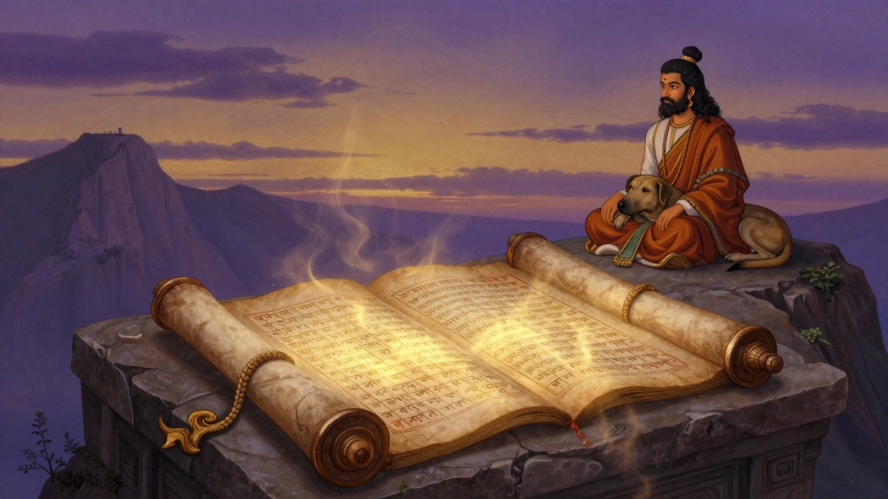 A man stands at a mountain cliff with a dog at his feet, ancient text turning to ash behind him.