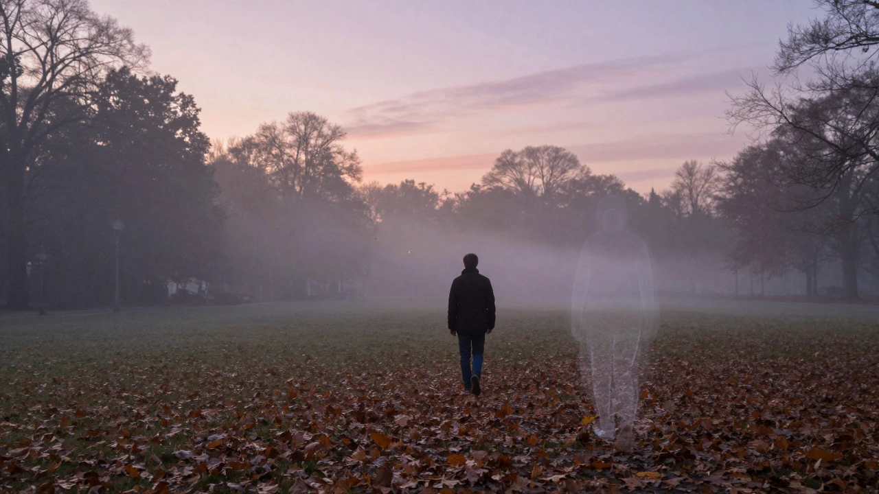 A solitary walker in an autumn park with a faint ghostly figure ahead in the mist.