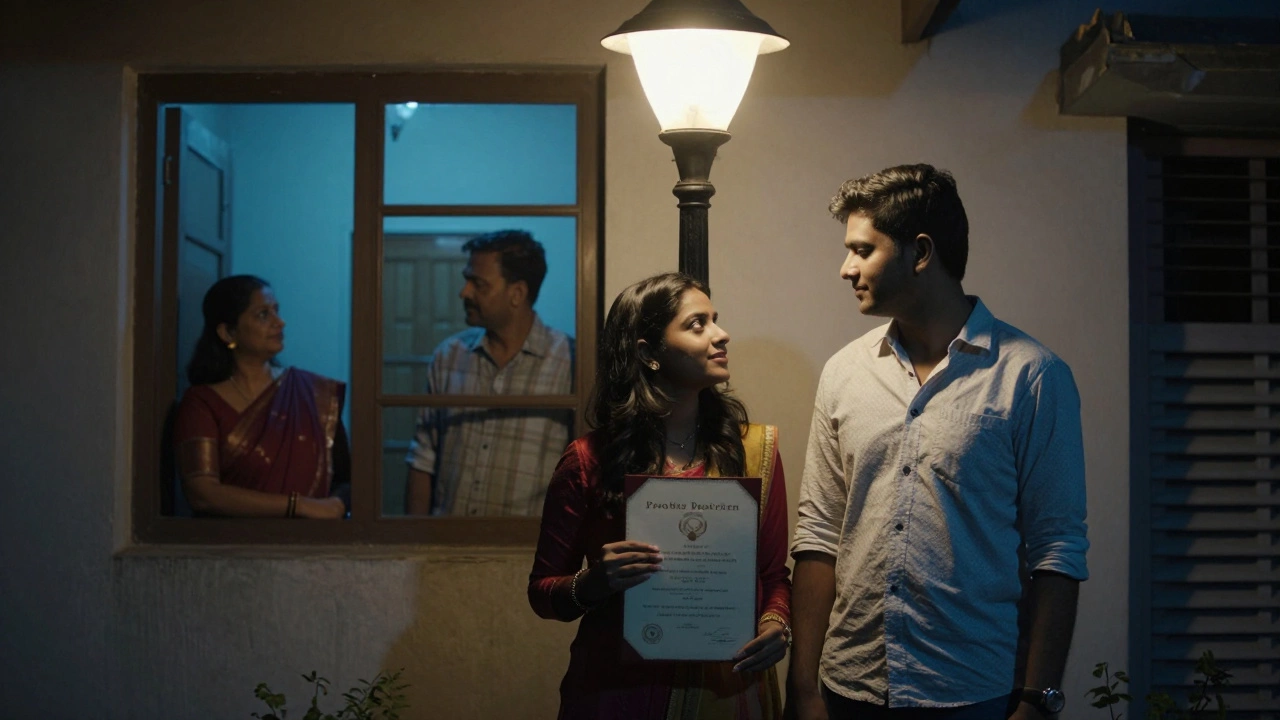 A young couple under a streetlamp, parents watching silently from behind a window.