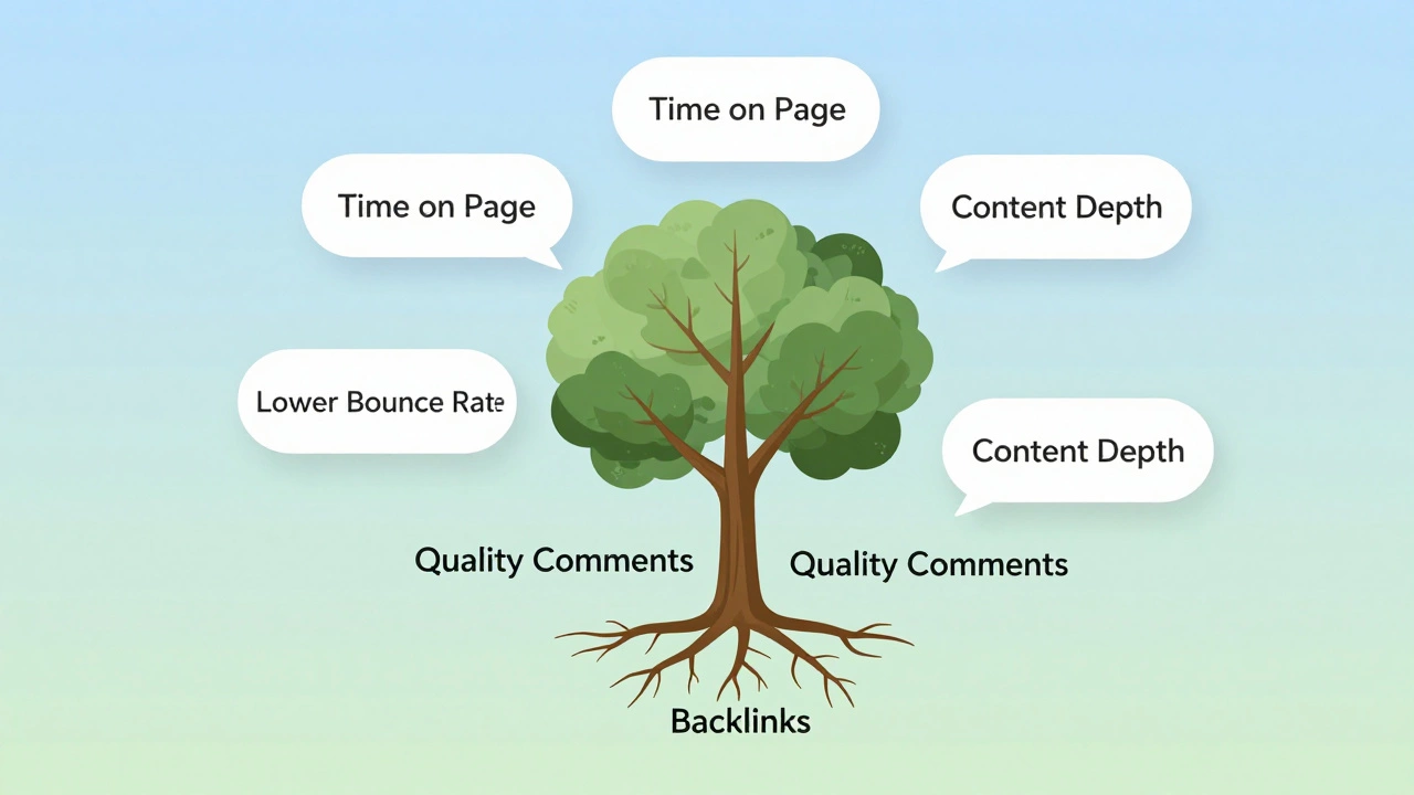 Conceptual tree with comment-related SEO benefits as leaves growing from a blog post.