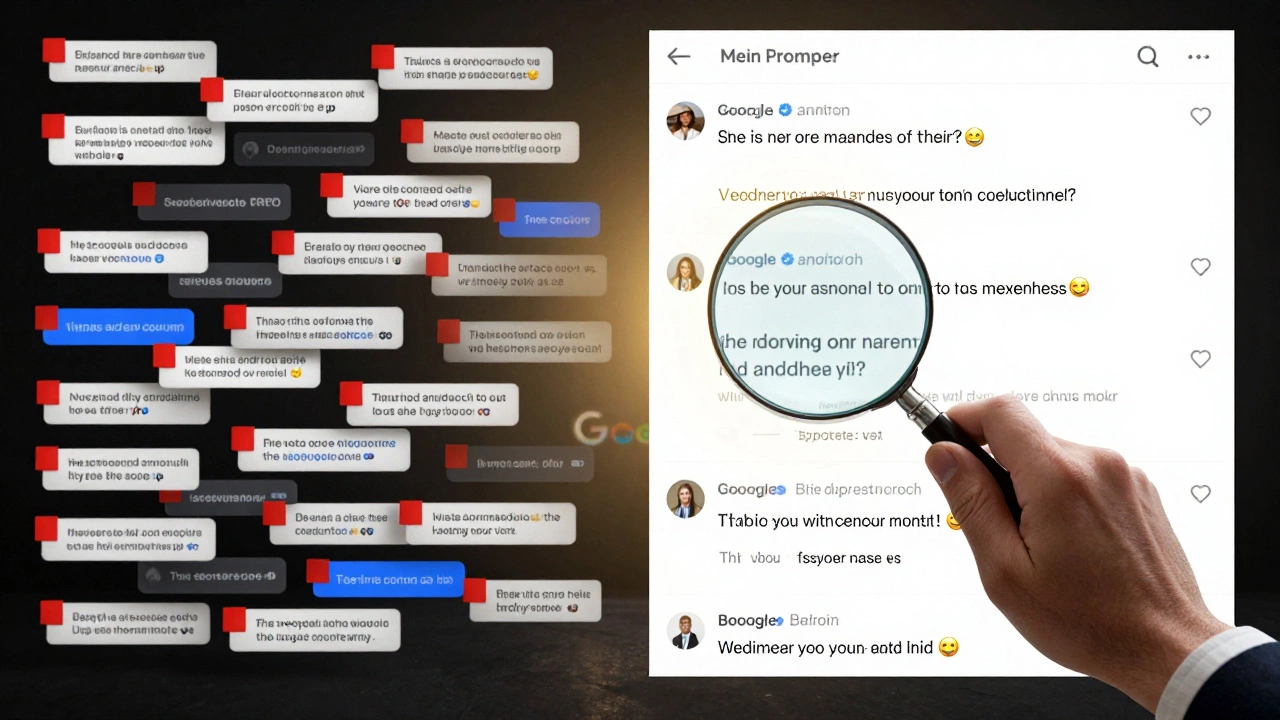 Contrast between spam-filled and clean comment sections with a moderator reviewing replies.