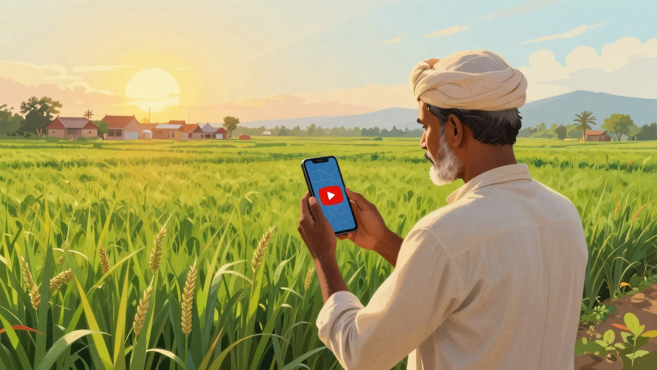 Farmer in rural India watching a YouTube tutorial on crop rotation under sunlight.
