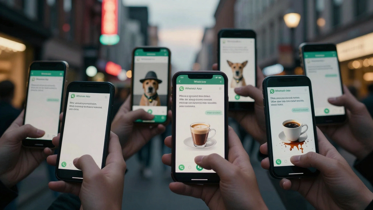 Multiple people in city street, all looking at phones with varied WhatsApp statuses, hesitant to message.