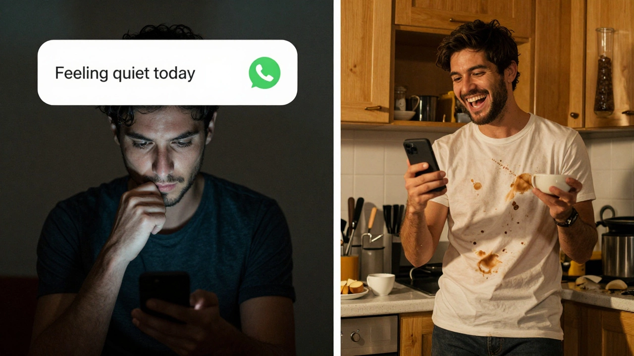 Split scene: man pondering a poetic status vs. another posting a messy, relatable moment.