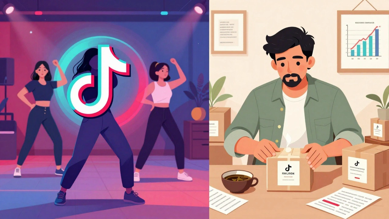 Split scene: TikTok dance challenge on one side, same creator packing custom tea products on the other.