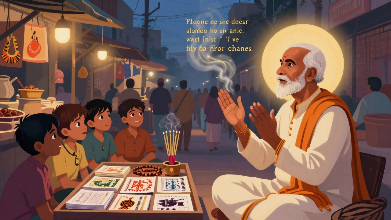 Street vendor selling Chaupai booklets as a man chants aloud in a twilight market.