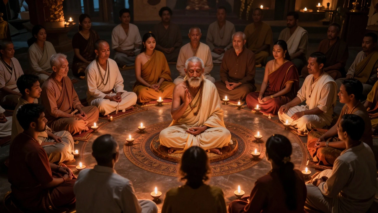 Thousands meditate in silence around a non-speaking guru, illuminated by soft oil lamps.