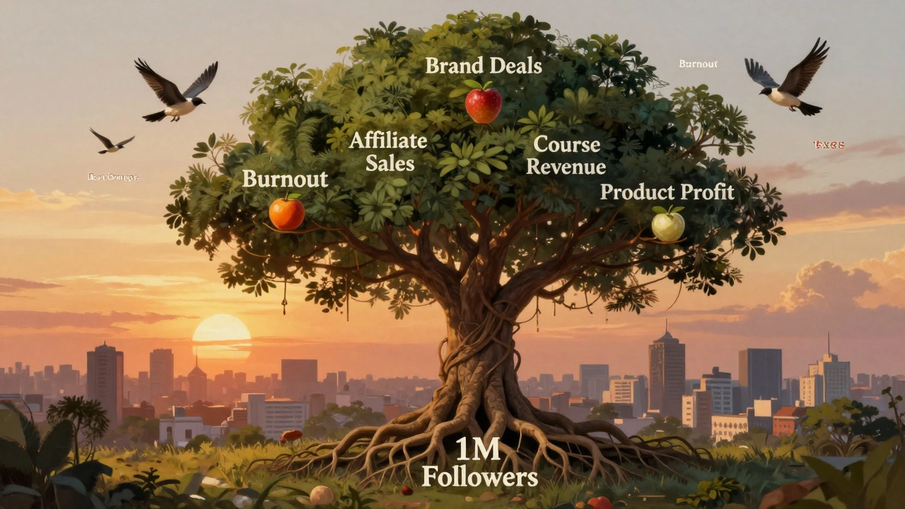 Tree with follower roots and income fruits, birds representing challenges like taxes and burnout, Indian city skyline behind.