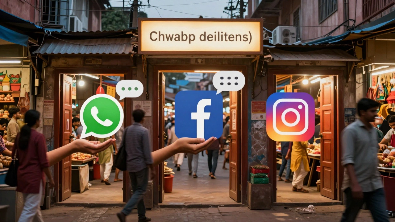 WhatsApp, Facebook, and Instagram icons as doorways leading into a vibrant Indian marketplace.