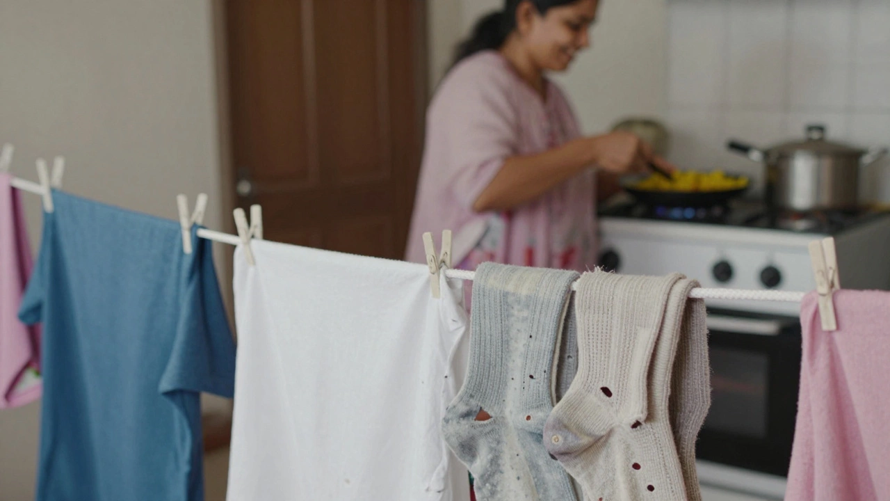 Worn socks beside clean laundry, wife heating leftover food in the background.
