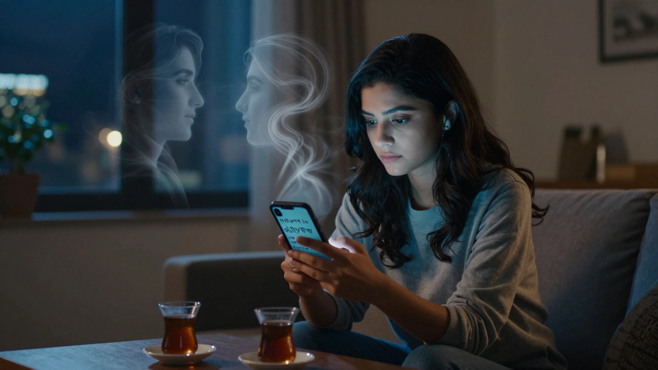 Young woman watching a Ghazal on her phone in a cozy night-lit room.