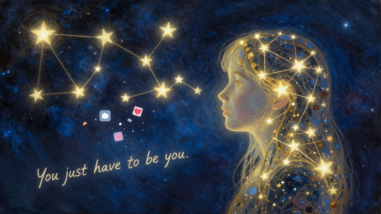 A constellation shaped like a girl, with traits as stars, social media icons fading below.