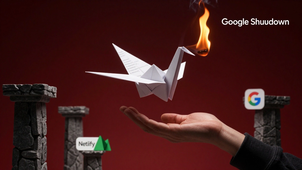 A paper crane made of code burning beside a Google logo, while other hosting platforms stand as strong pillars in the background.