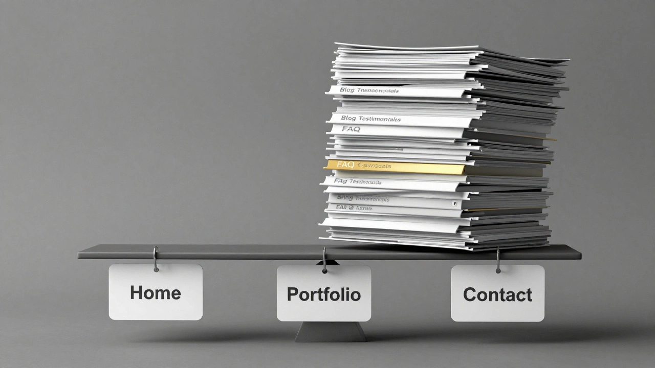 A scale balanced with three essential website pages on one side and many unnecessary pages floating uselessly on the other.