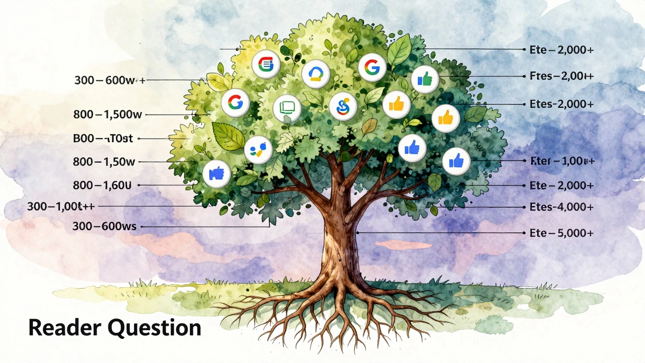 A tree growing from a reader's question, with branches representing blog post lengths and engagement symbols.