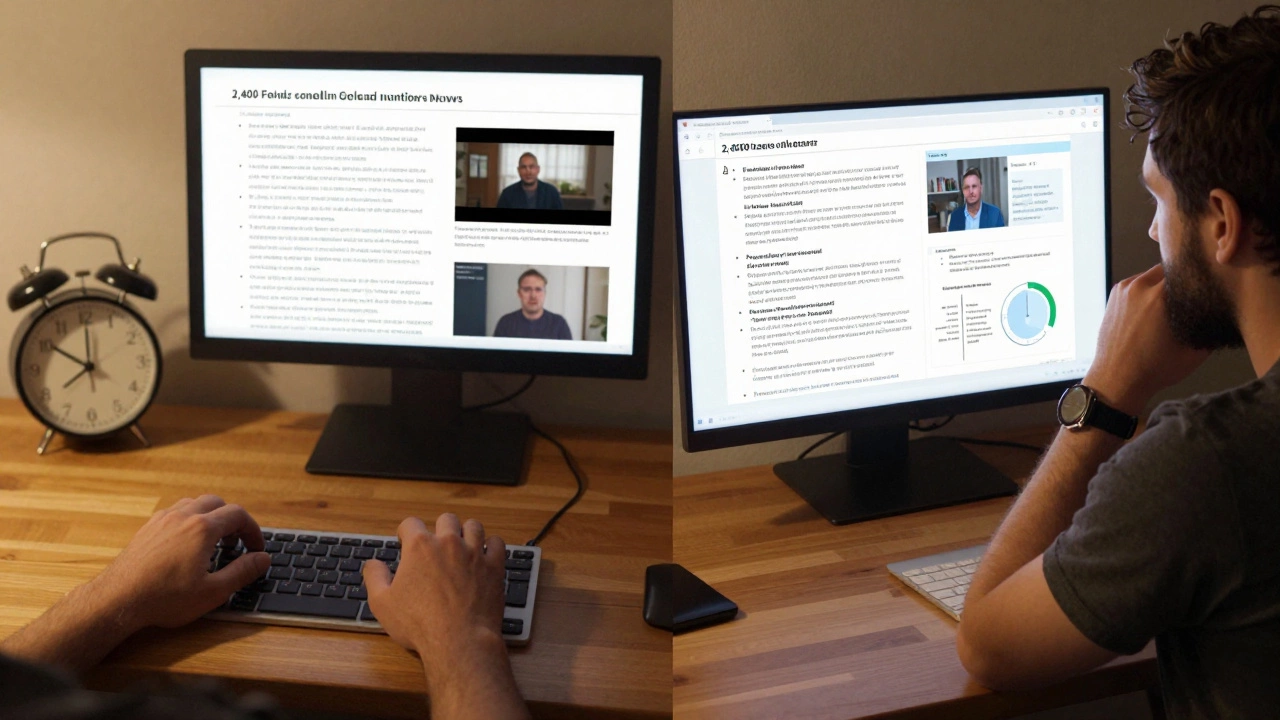 A writer at a desk with two screens displaying short and long blog posts under warm lighting.