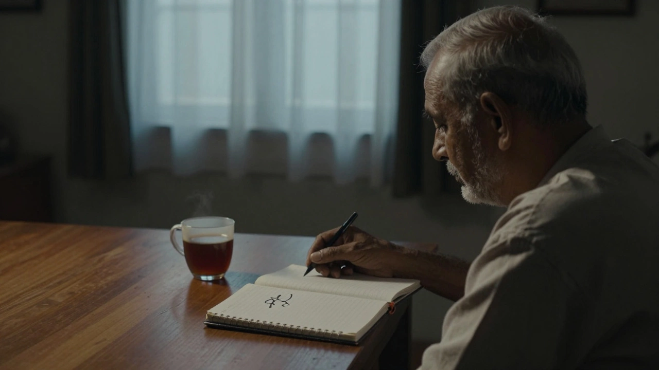 An elderly man sitting quietly beside an open notebook with the word 'अंत' written in it.