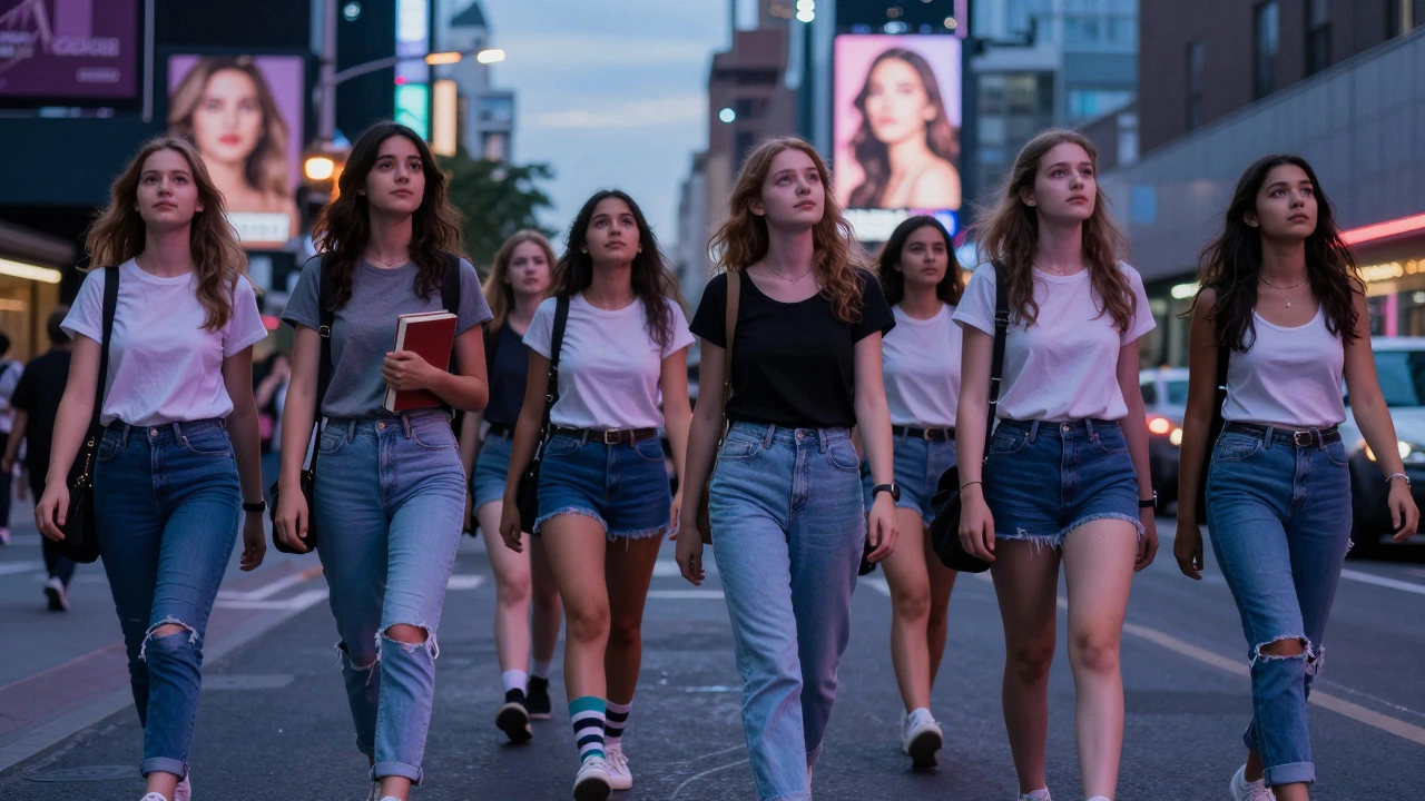 Girls walking through a city at dusk, ignoring glowing billboards of idealized beauty.