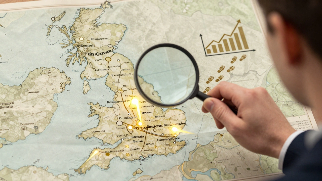 Magnifying glass over UK map highlighting blog traffic hotspots for finance and benefit guides.