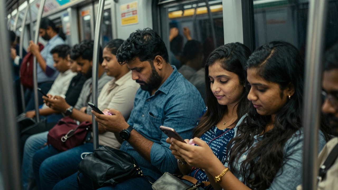Passengers on a Delhi metro scrolling through romantic social media statuses in dim train light.