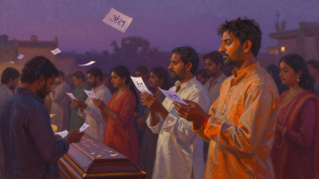 People releasing papers with the word 'अंत' into the air at a quiet funeral at dusk.