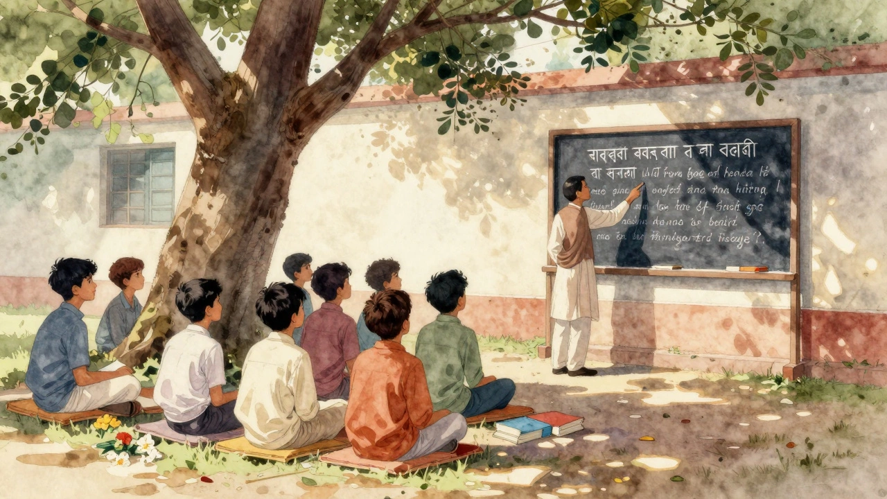 Students learning Tagore's poetry under a tree at Visva-Bharati University, sunlight filtering through leaves.