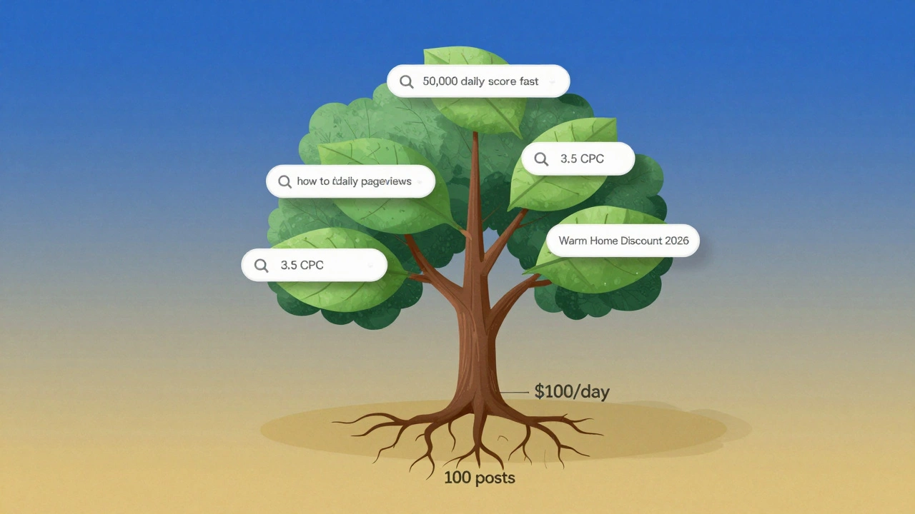 Tree with keyword fruits and pageview branches symbolizing AdSense income growth over time.