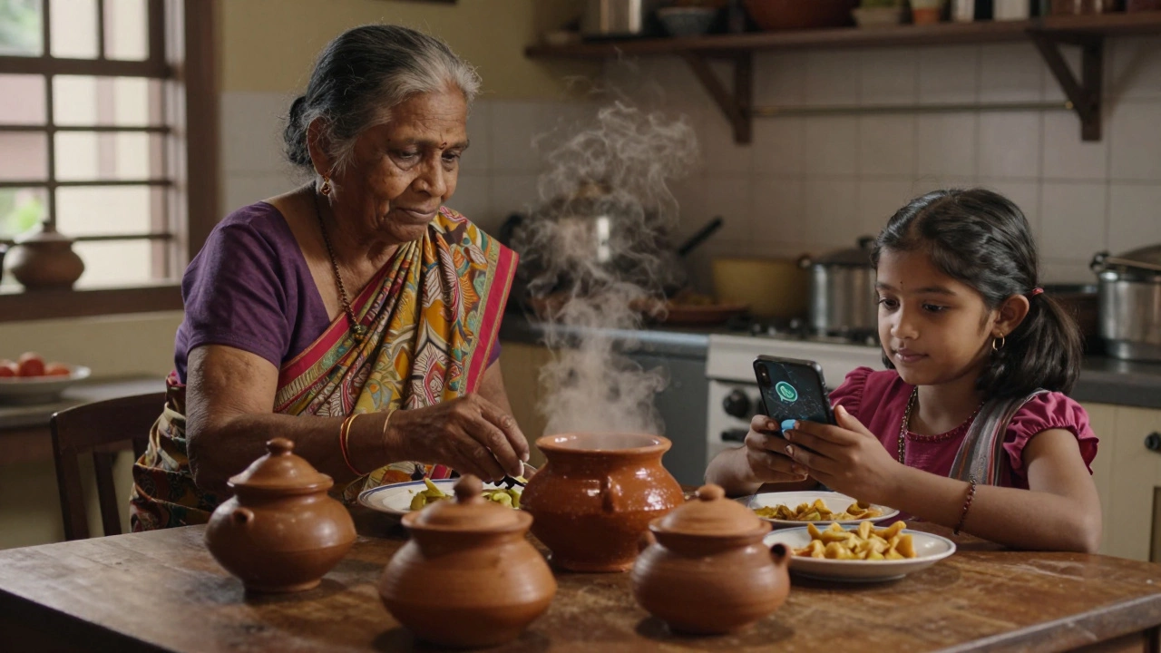 A grandmother cooks in Kerala as a girl watches her video call on a smartphone in Bangalore.