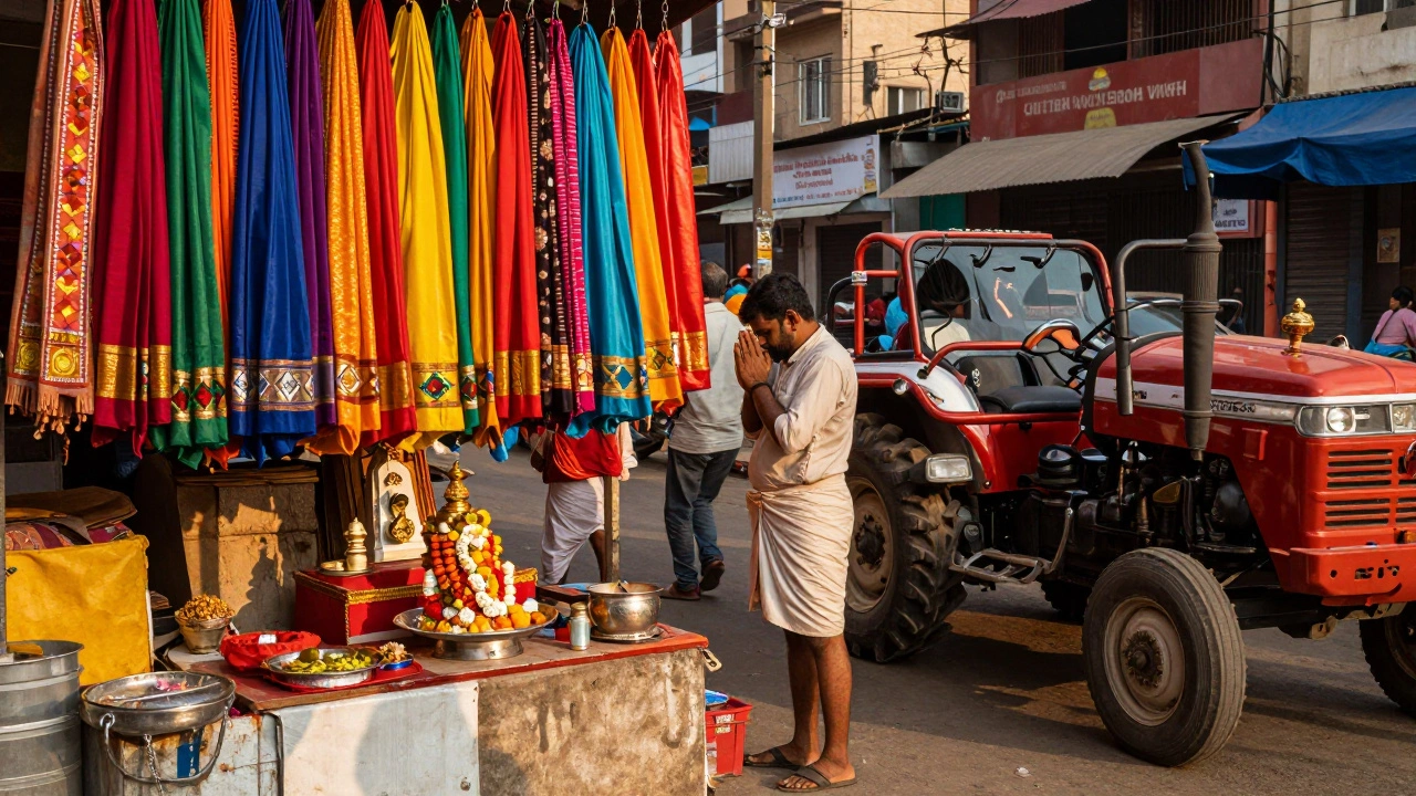 A man prays at a roadside shrine in Varanasi while a tractor passes behind him.