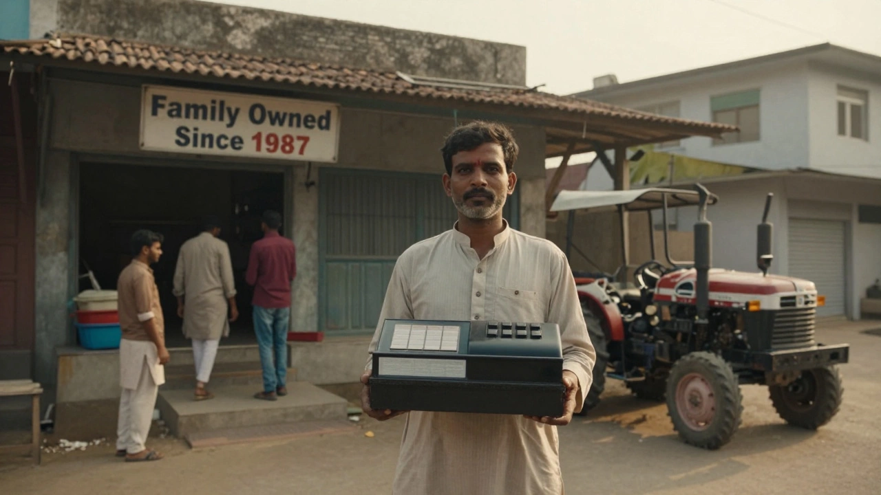 A small business owner in Lucknow with his three shops and a tractor, representing self-made wealth through entrepreneurship.