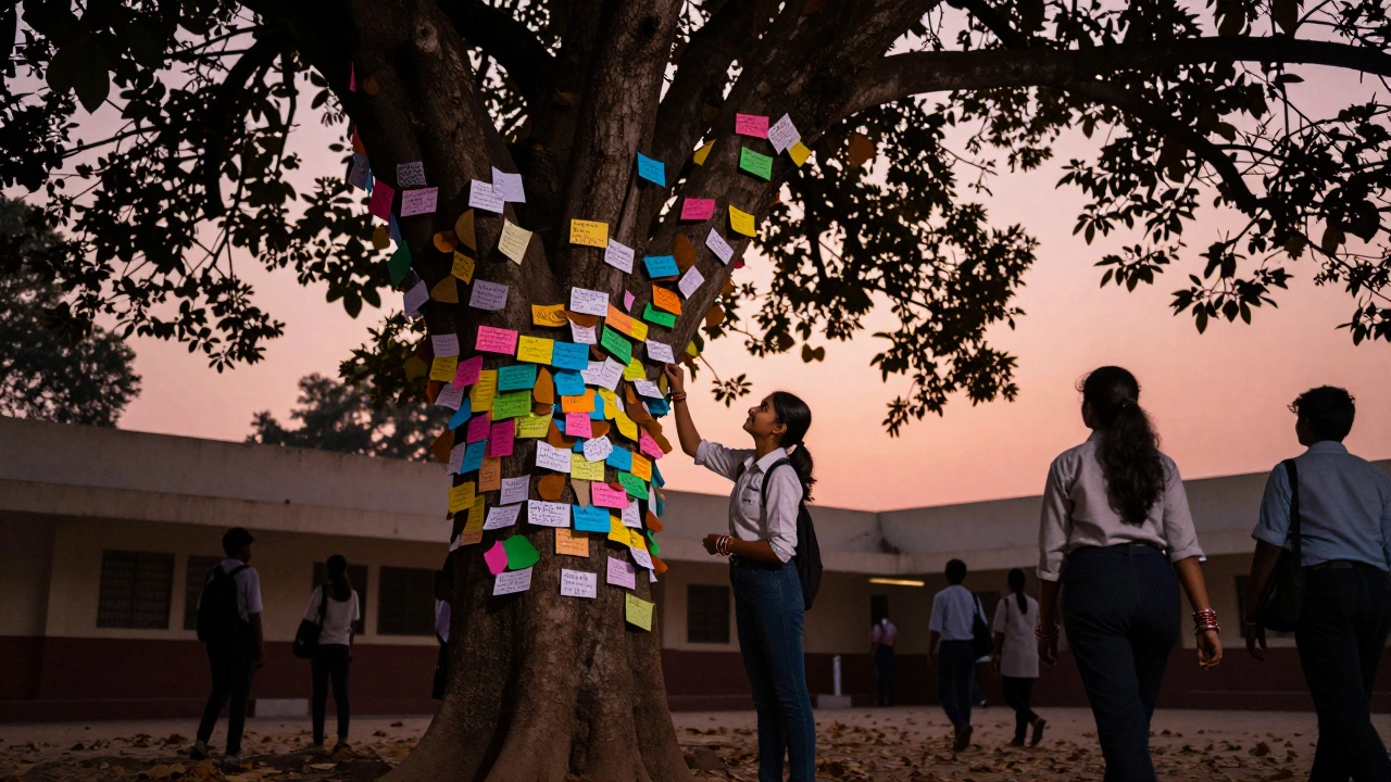 A tree densely hung with colorful paper messages on a school campus at sunset, one student placing the final leaf.