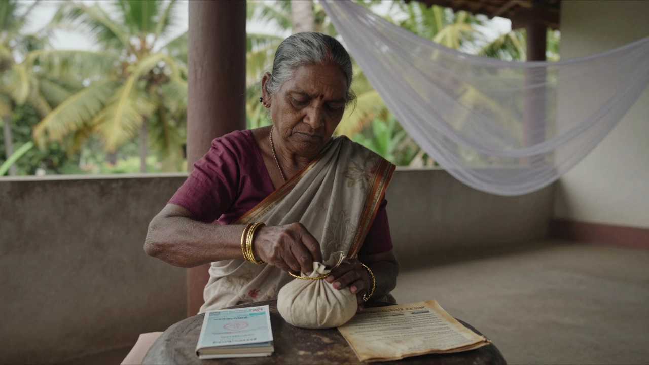 An elderly woman in rural Kerala holding gold and land documents, embodying generational wealth and security.