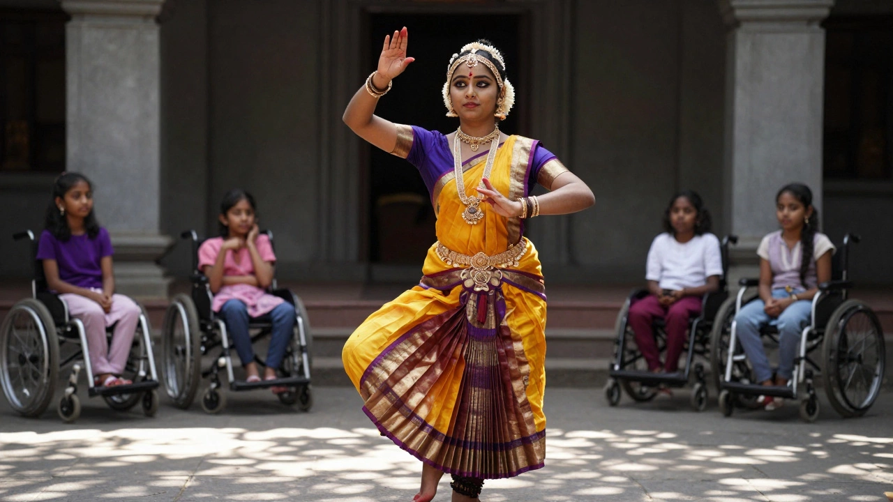 Meera Nair dancing Bharatanatyam with precision, sunlight on her jewelry, young girls watching respectfully.