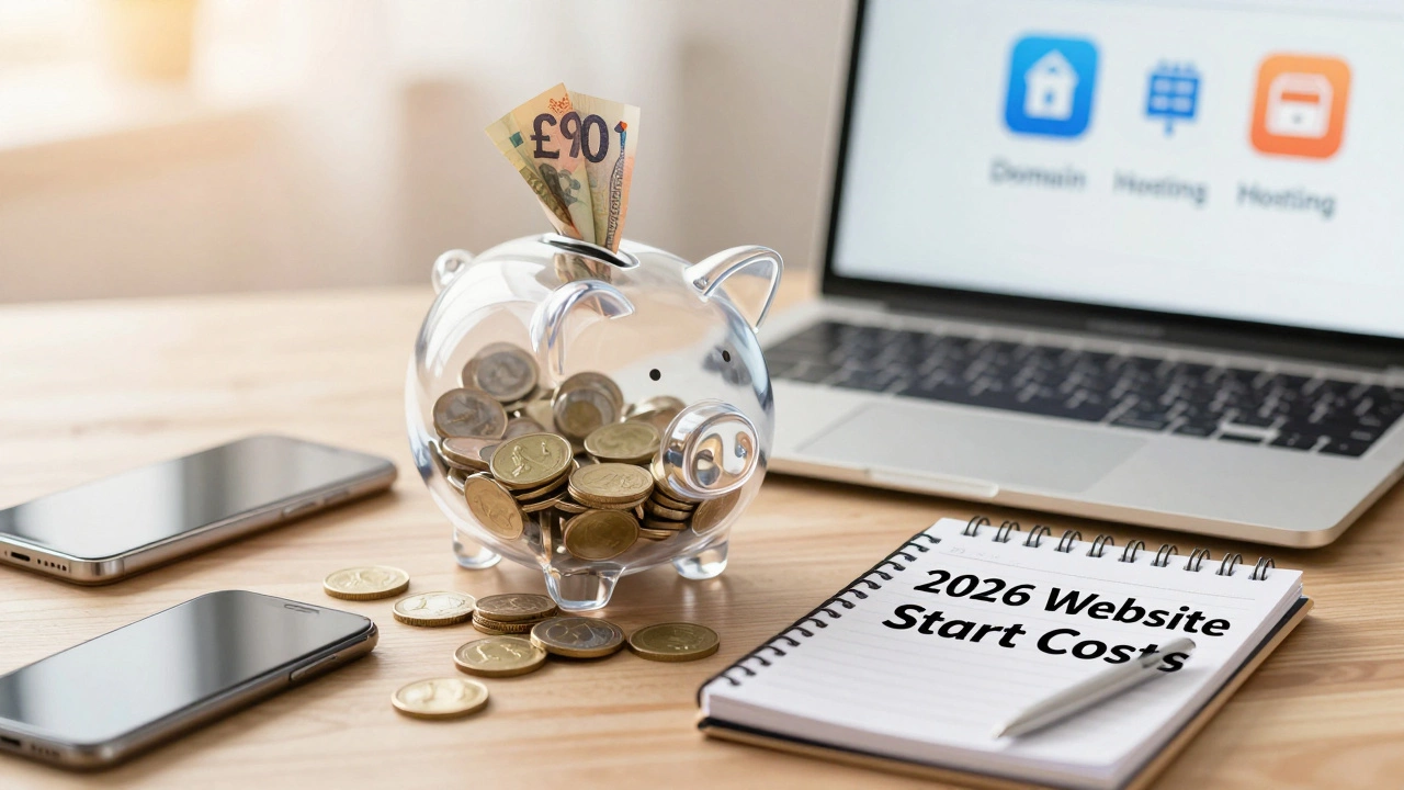 Piggy bank with £90 cash beside laptop and icons representing domain, hosting, and theme.