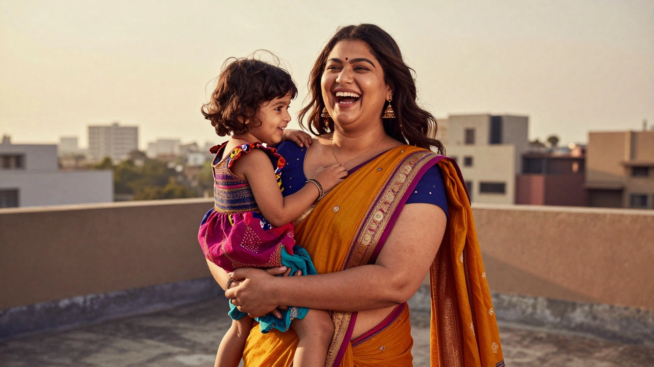 Riya Mehta laughing on a rooftop with her daughter, wearing a vibrant saree, no retouching, golden hour lighting.
