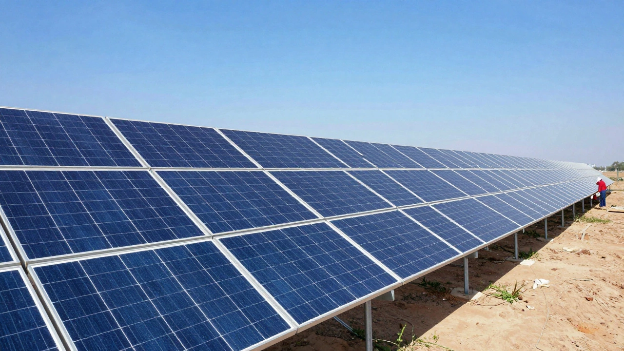 Solar panels in Rajasthan generating renewable energy under clear sky.