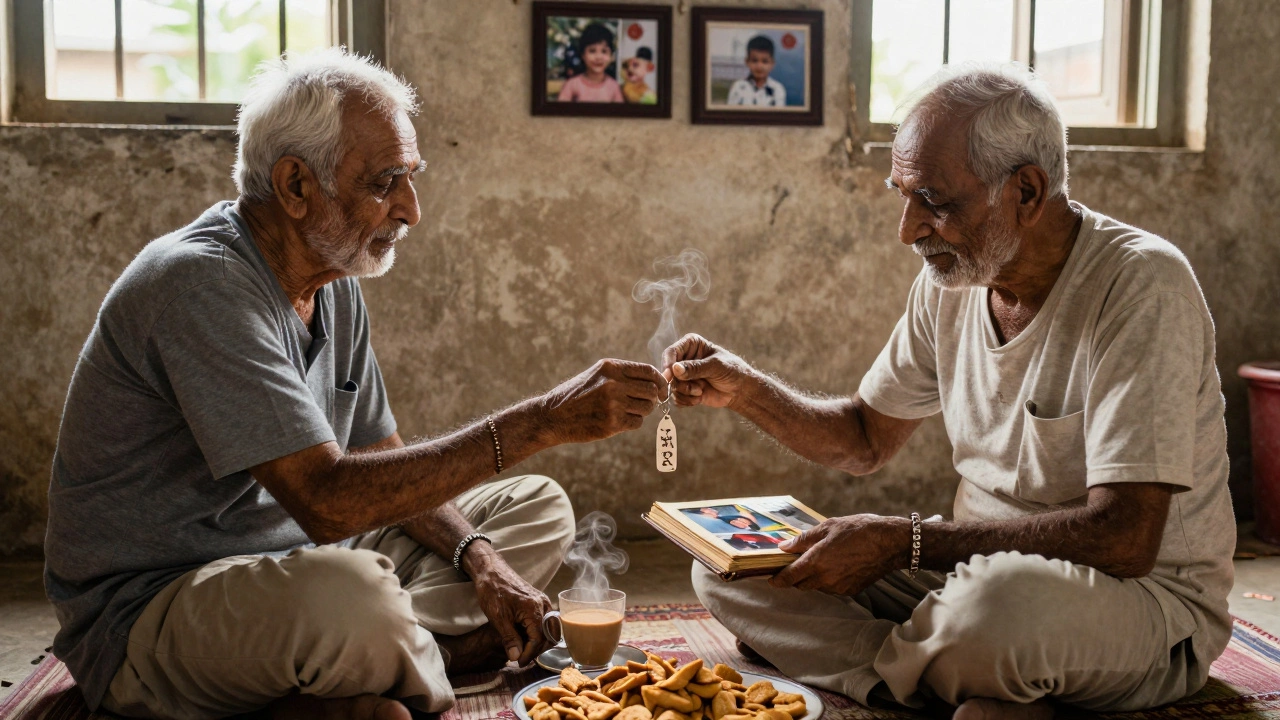 Two elderly friends sharing snacks and a photo album while exchanging a handmade gift in a cozy Indian home.