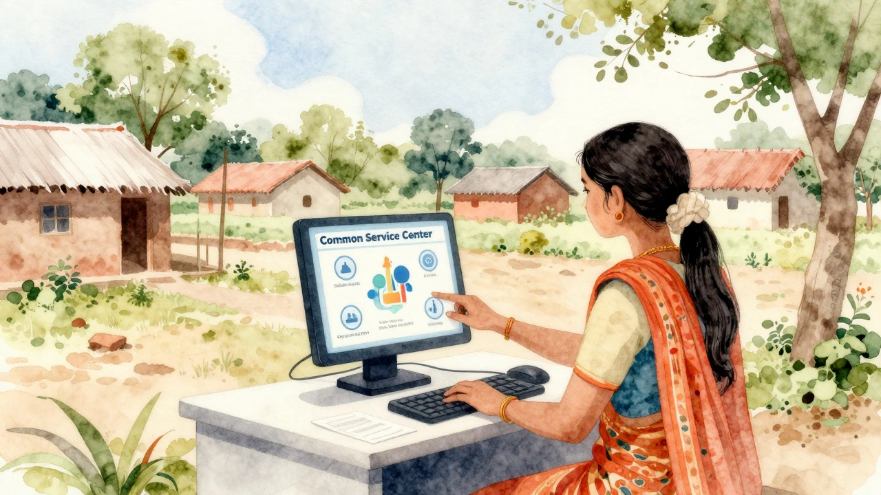 Woman using Common Service Center for banking services with technician assistance.