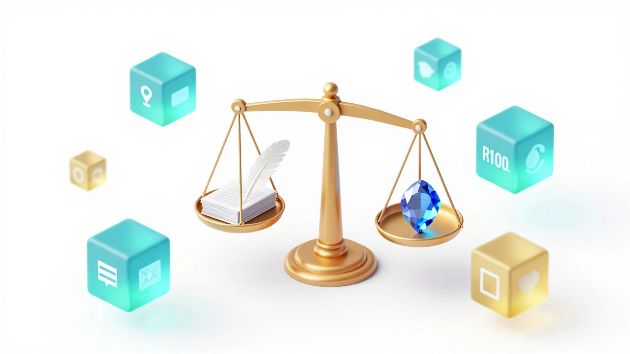 3D scale balancing paper stack and gemstone on white background.