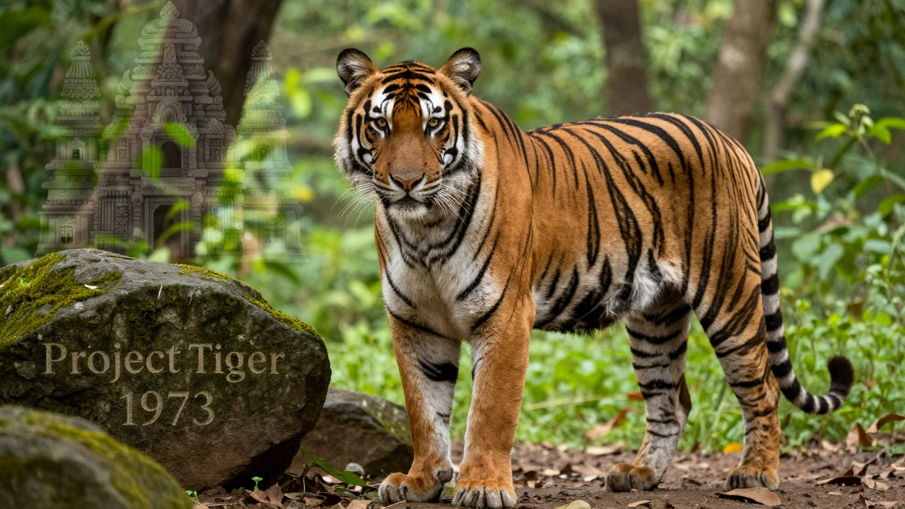 A Bengal tiger in a forest, symbolizing strength and conservation efforts in India.