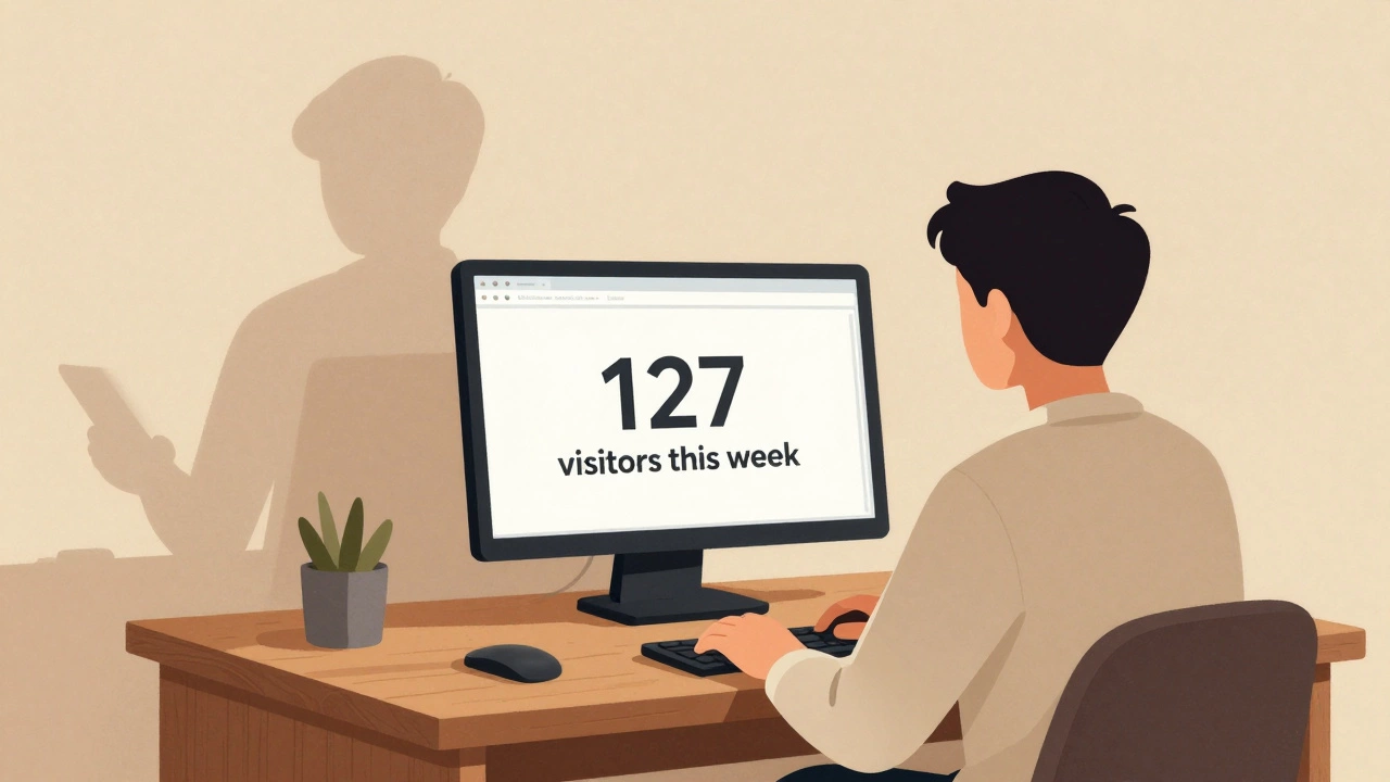 A blogger sees only total visitor numbers, not individual readers, in a quiet workspace.
