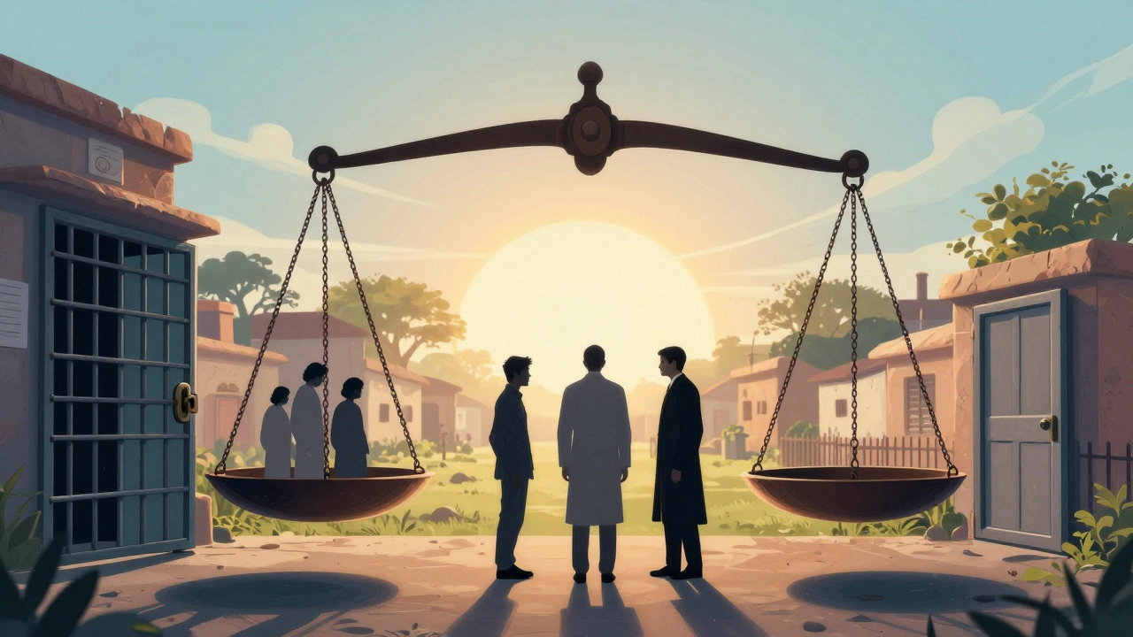 A symbolic scale balancing a prison cell and an open door, representing punishment versus redemption in India's justice system.