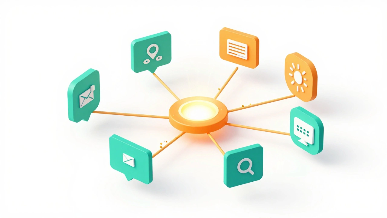 Abstract 3D illustration of digital platforms connecting with golden value streams.
