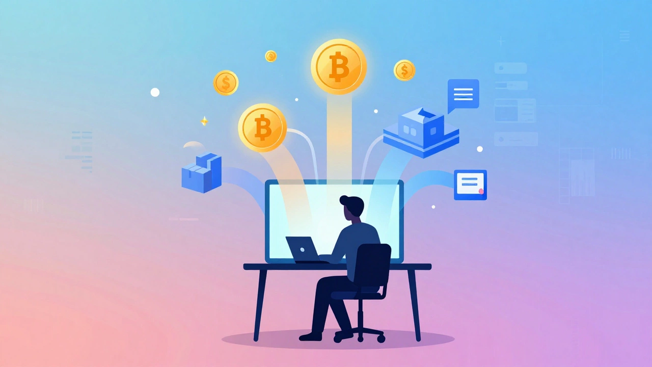 Abstract illustration of various blogging revenue streams radiating from central laptop