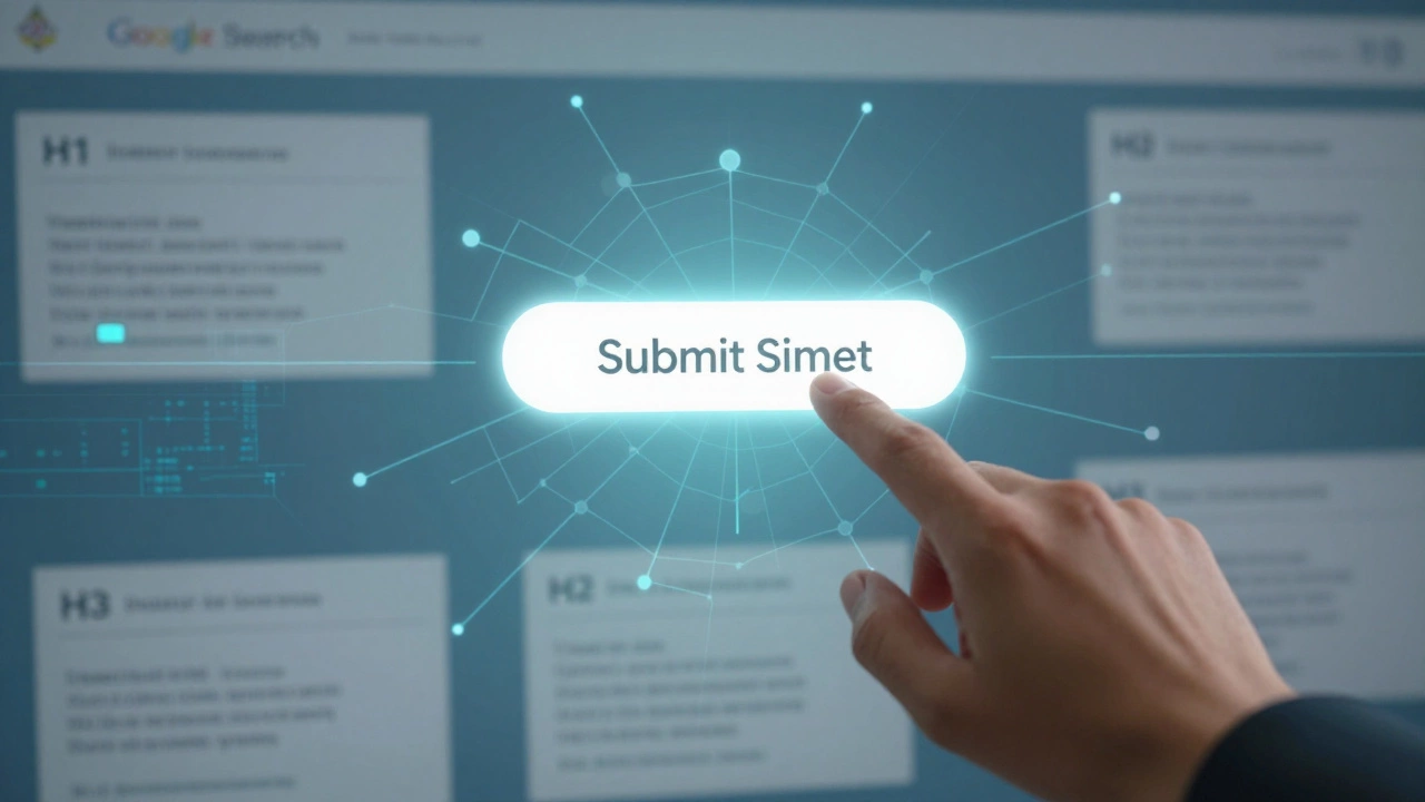 Hand submitting a sitemap to Google Search Console while blog posts form a connected web of internal links.