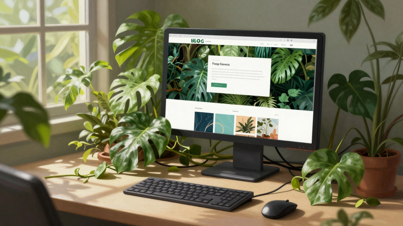 Lush plant growing out of monitor stand with laptop nearby.