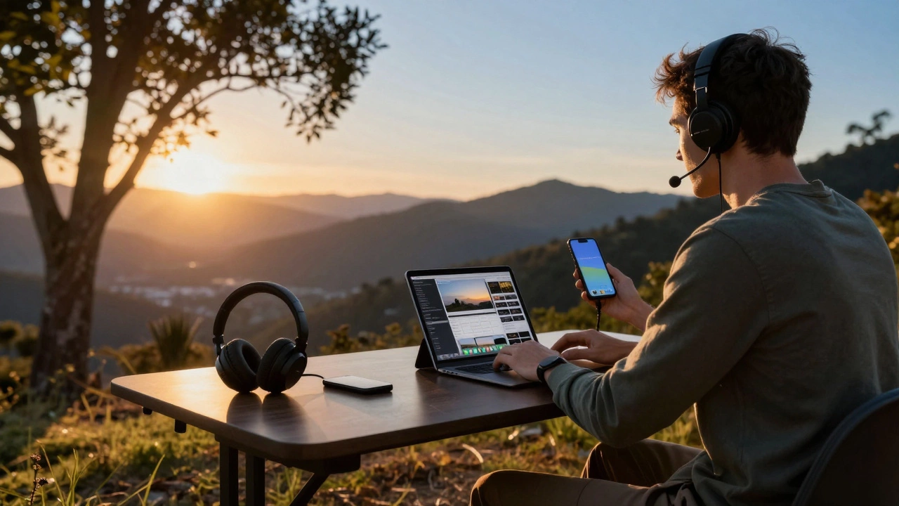 Remote freelancer working outdoors with multiple devices in scenic mountain setting