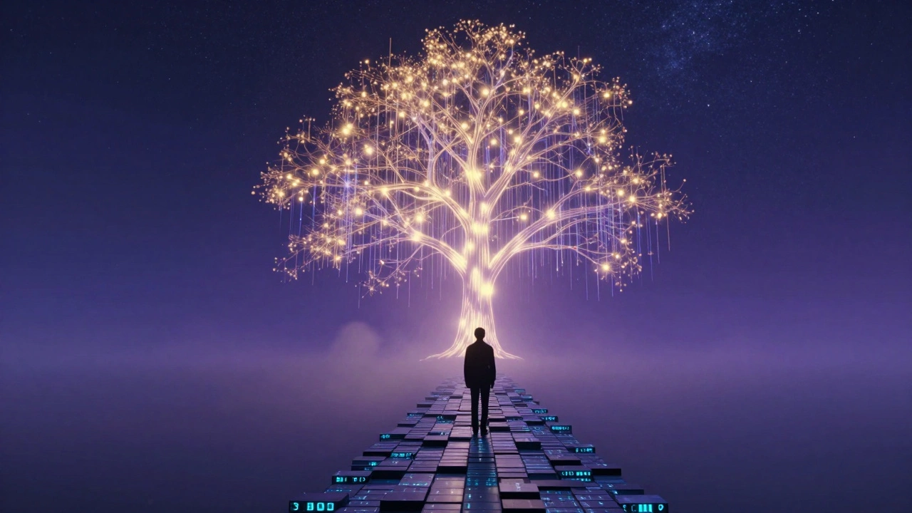Silhouette of person on path with glowing digital tree growing overhead.