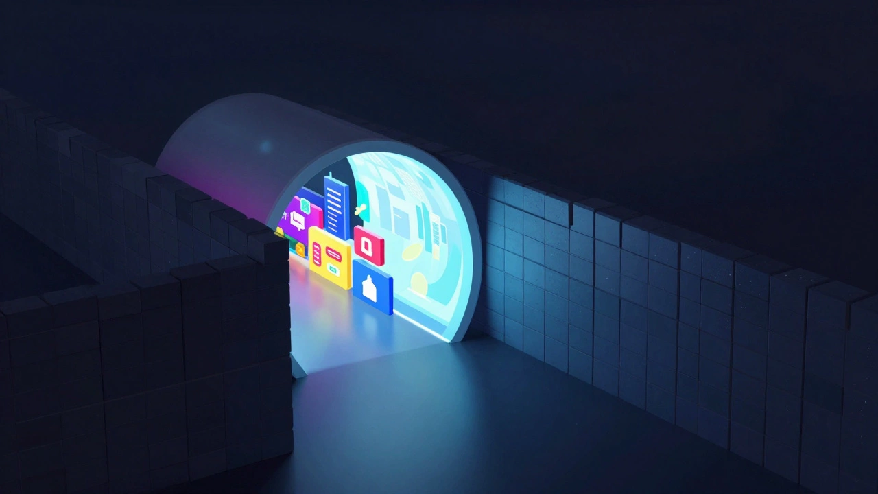 3D isometric illustration of a VPN tunnel bypassing a digital wall to access the open web.