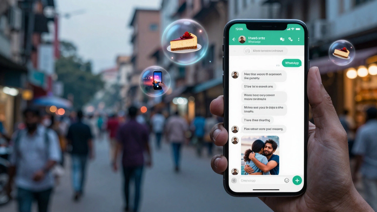 A smartphone screen with a heartfelt message surrounded by glowing memory bubbles.